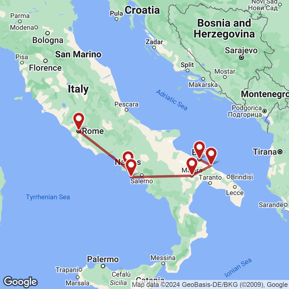 Route for Rome, Naples, Sorrento, Matera, Monopoli, Bari tour